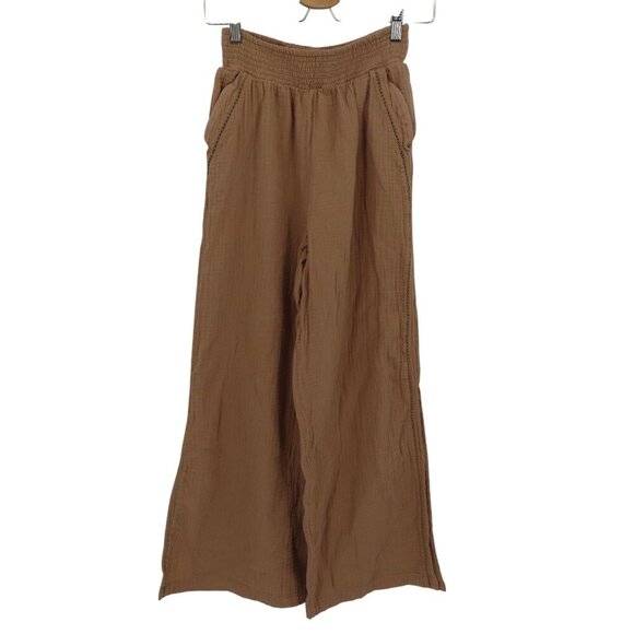 Aerie Women Small Brown Wide Leg Slit Slip On Pants Pockets Ruched Waistband - Picture 1 of 15